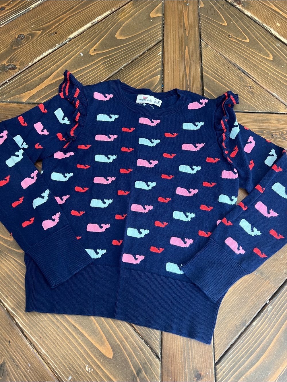 Vineyard Vines Navy Sweater with Pink, Red & Light Blue Whale Pattern